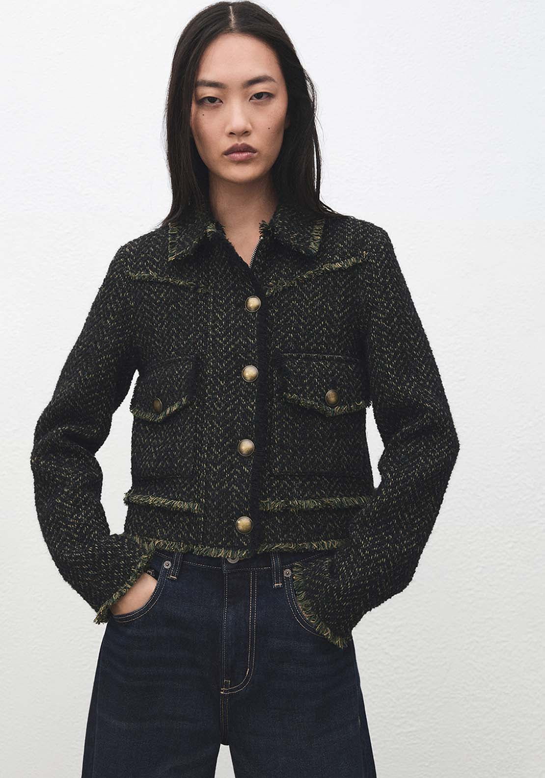 Tweed Jacket With Notched Lapel Collar - Green