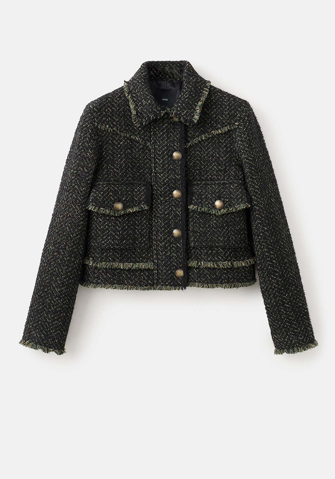 Tweed Jacket With Notched Lapel Collar - Green