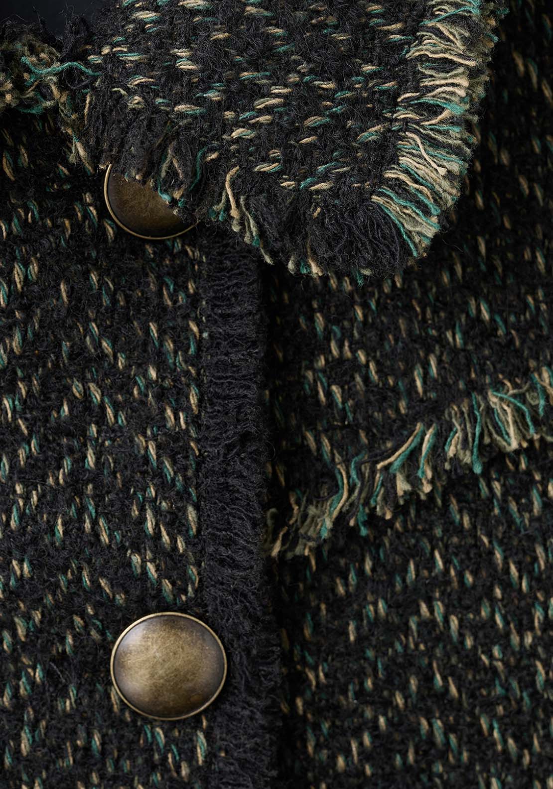 Tweed Jacket With Notched Lapel Collar - Green