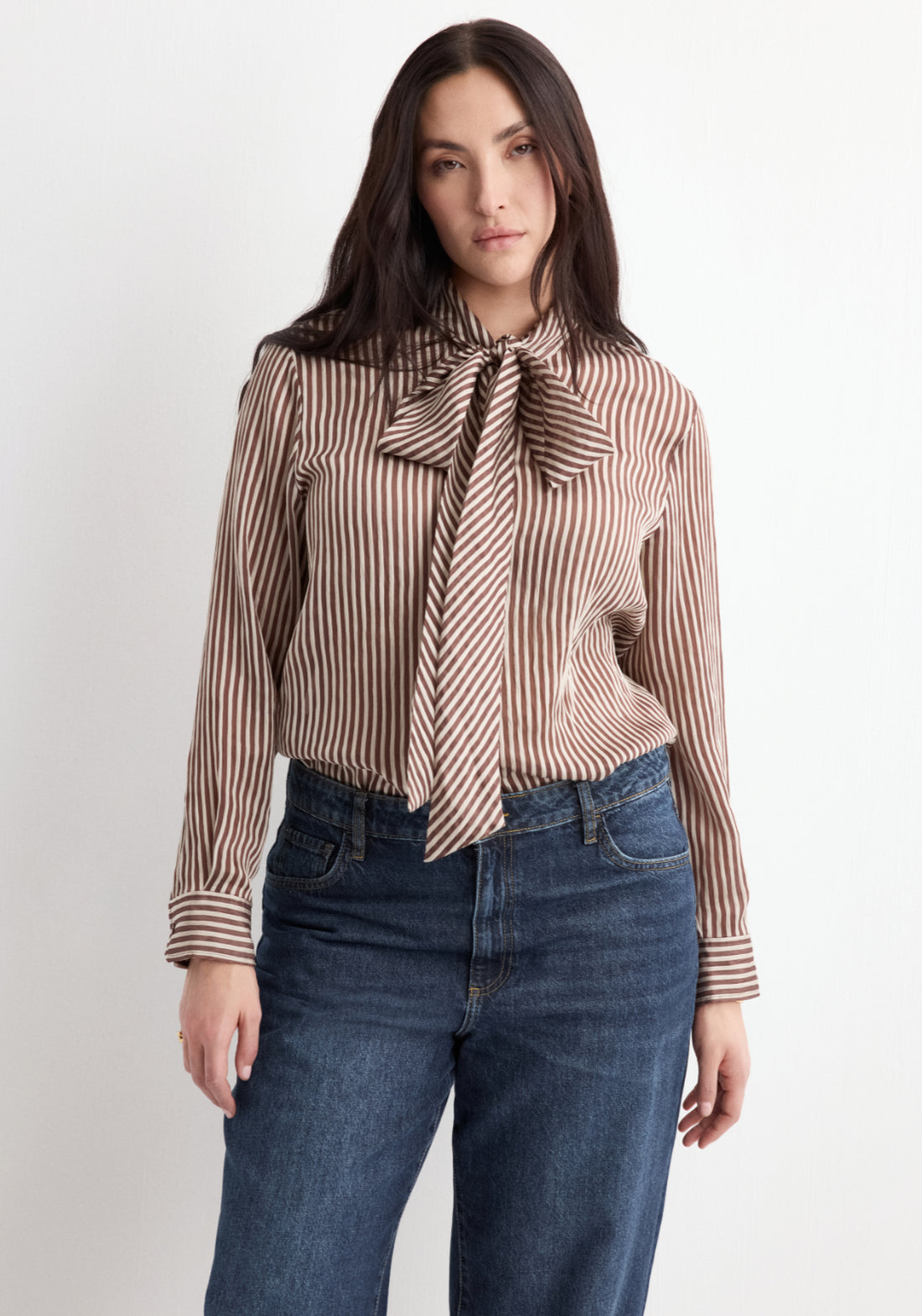 Mango Striped Blouse With Bow Tie Neck - Brown 1 Shaws Department Stores