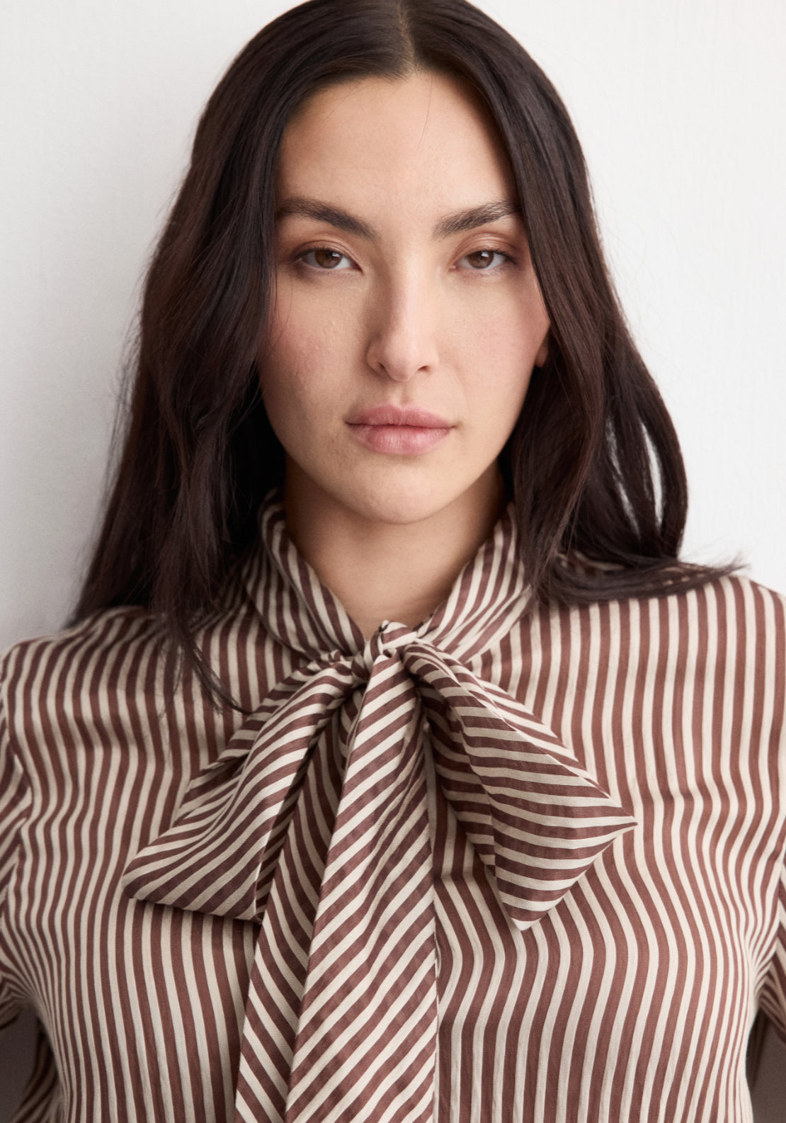 Mango Striped Blouse With Bow Tie Neck - Brown 4 Shaws Department Stores