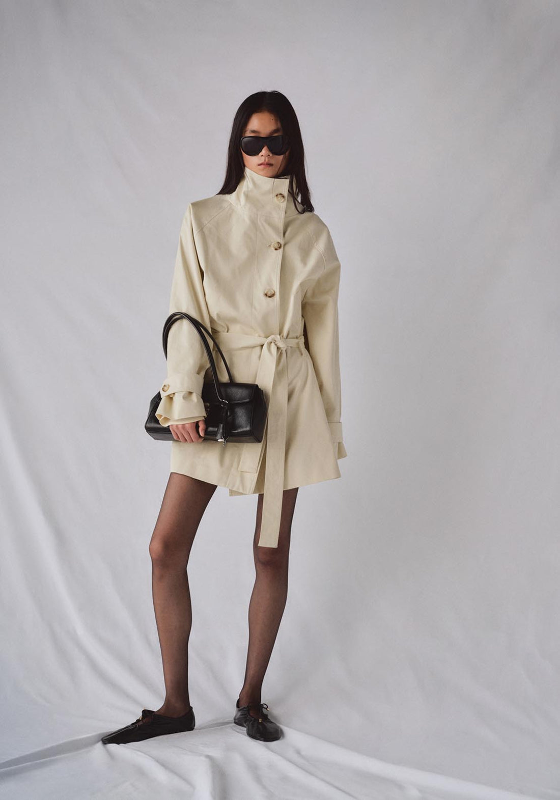 Funnel Neck Belted Trench Coat - Cream