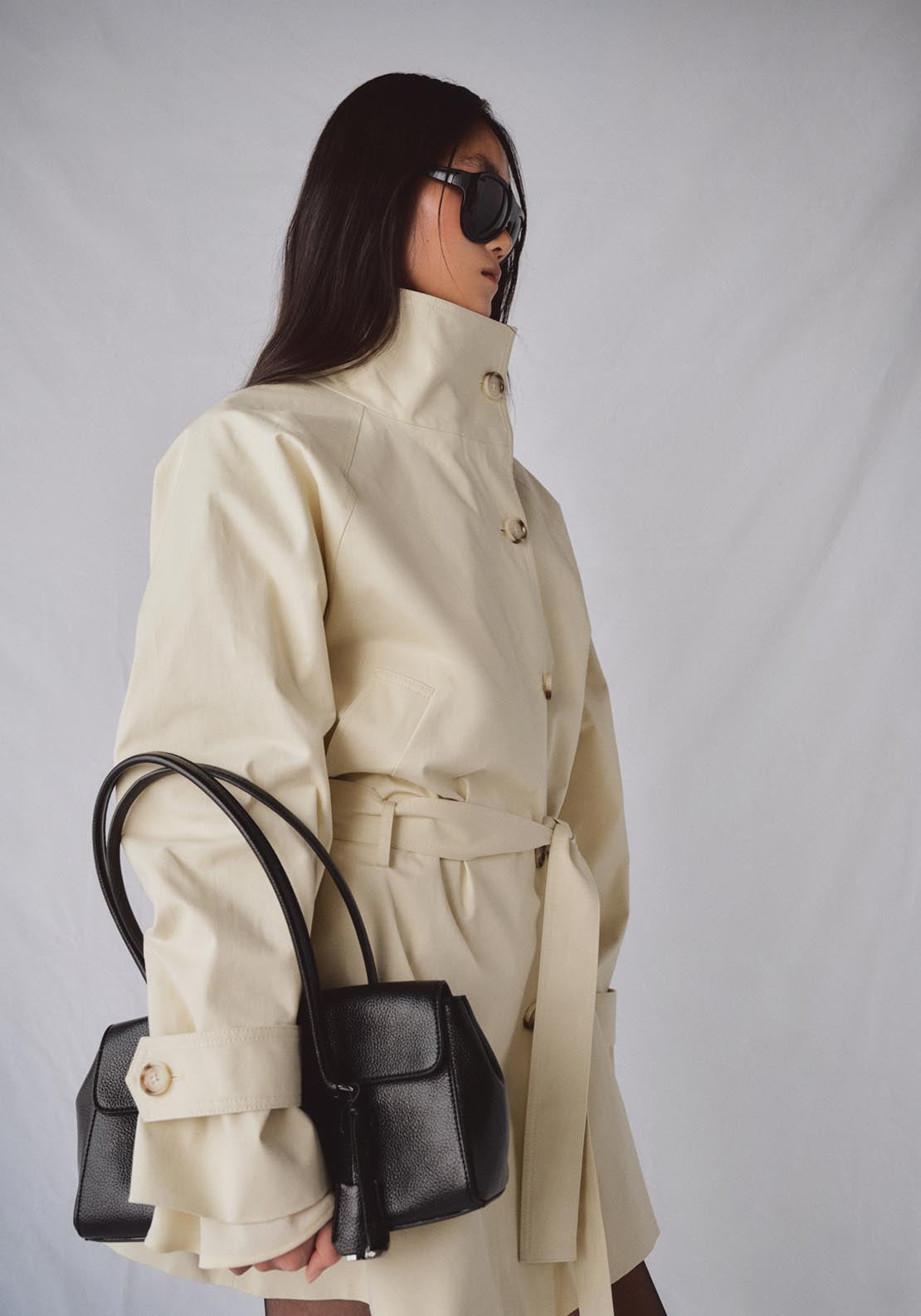 Funnel Neck Belted Trench Coat - Cream