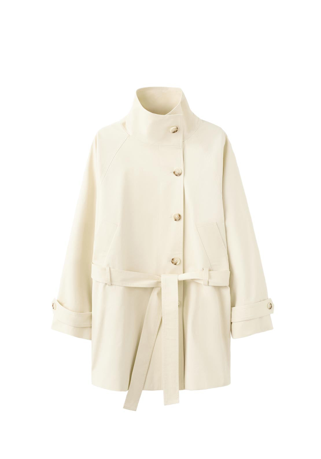 Funnel Neck Belted Trench Coat - Cream
