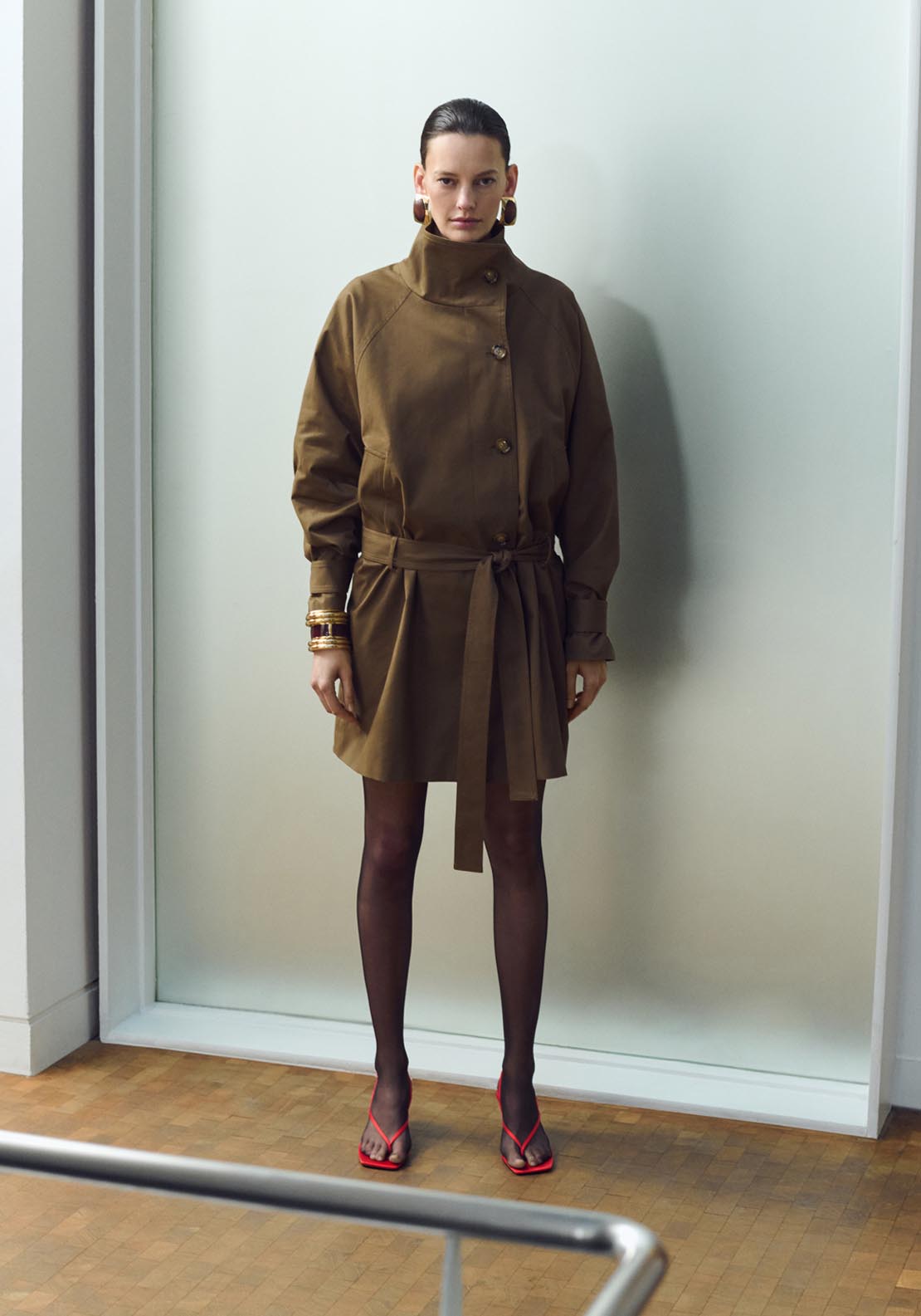Funnel Neck Belted Trench Coat - Brown