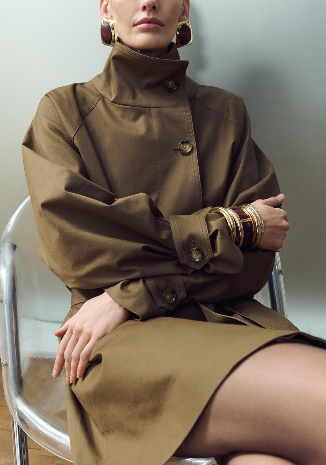 Funnel Neck Belted Trench Coat - Brown