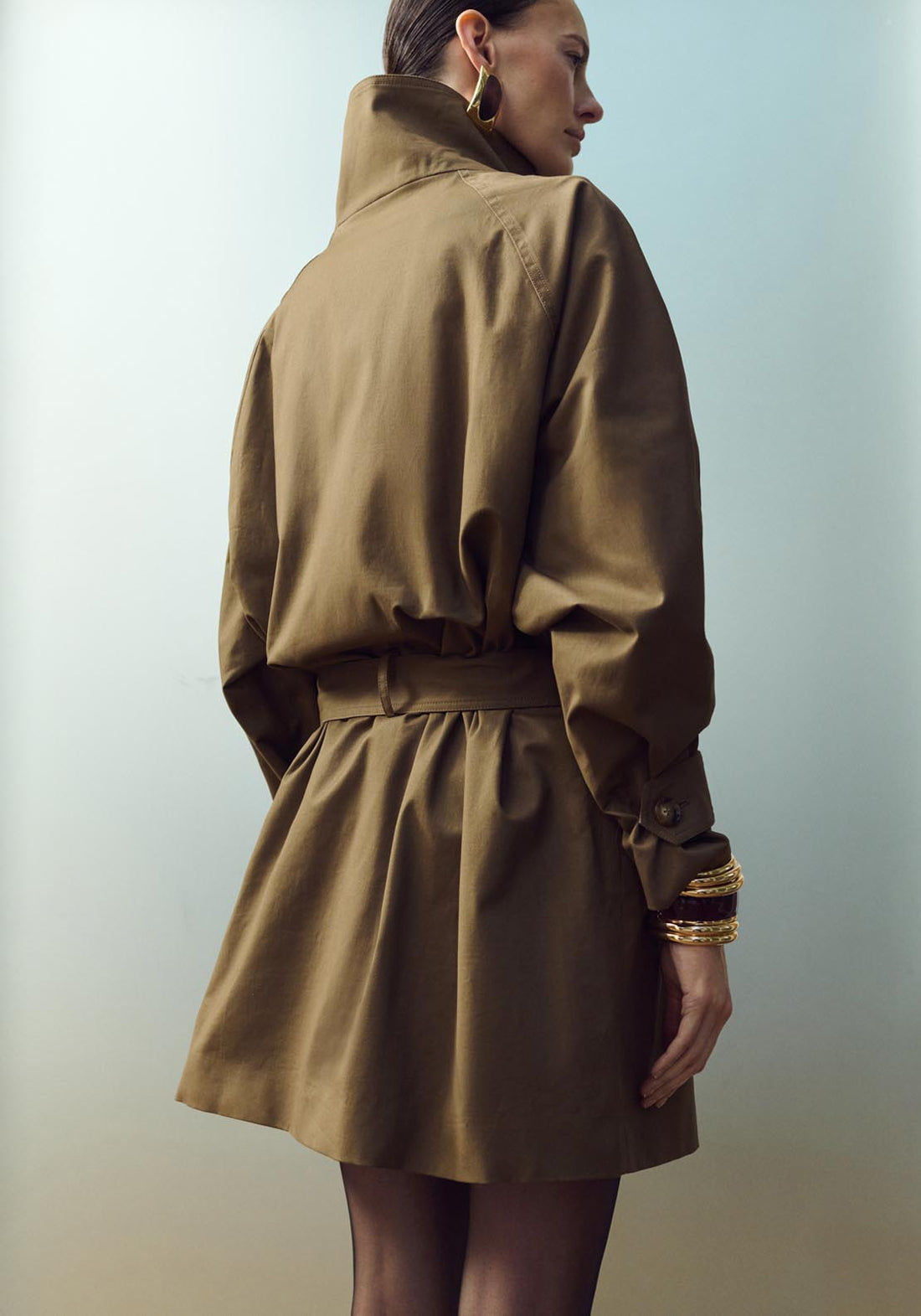 Funnel Neck Belted Trench Coat - Brown