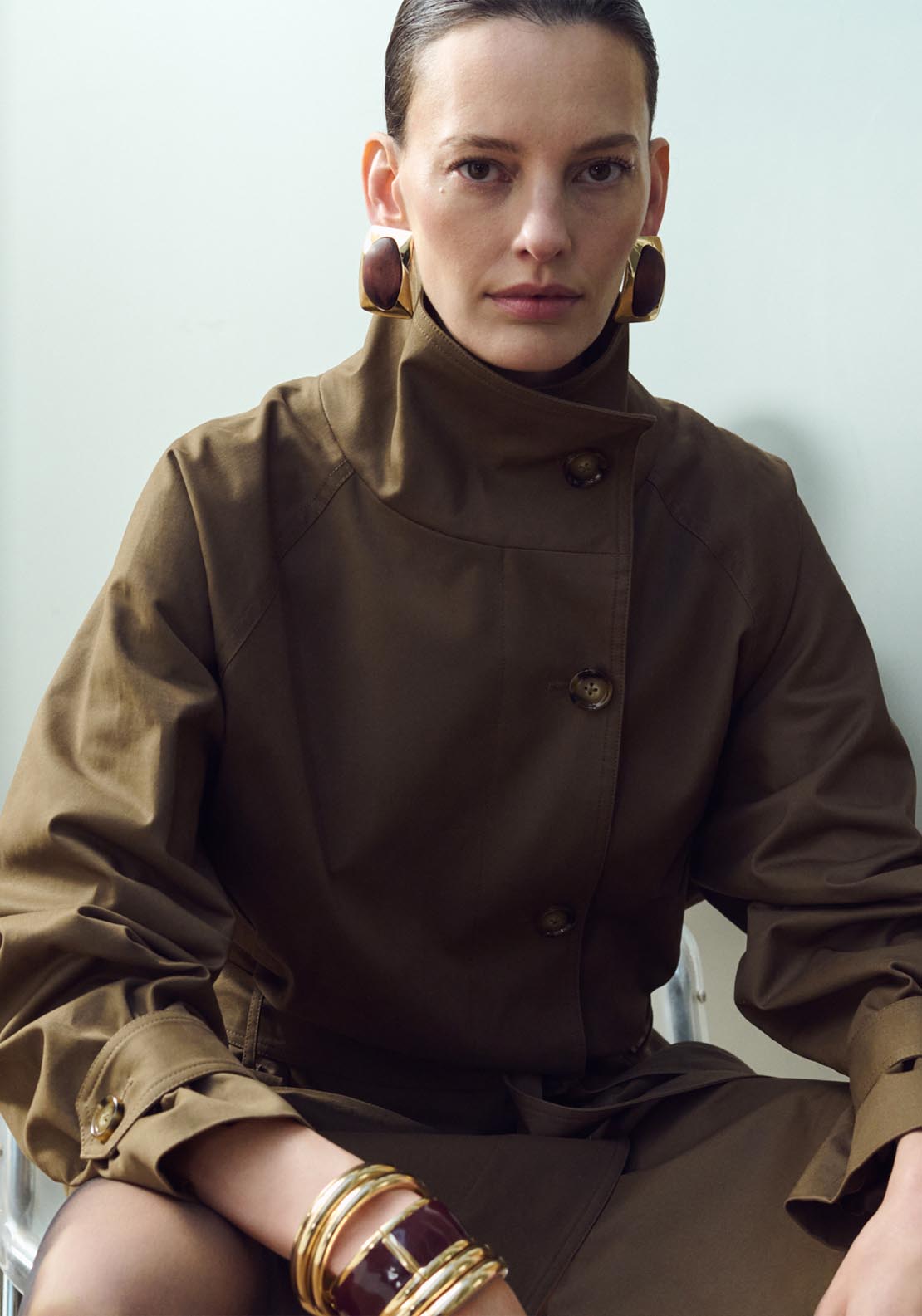 Funnel Neck Belted Trench Coat - Brown