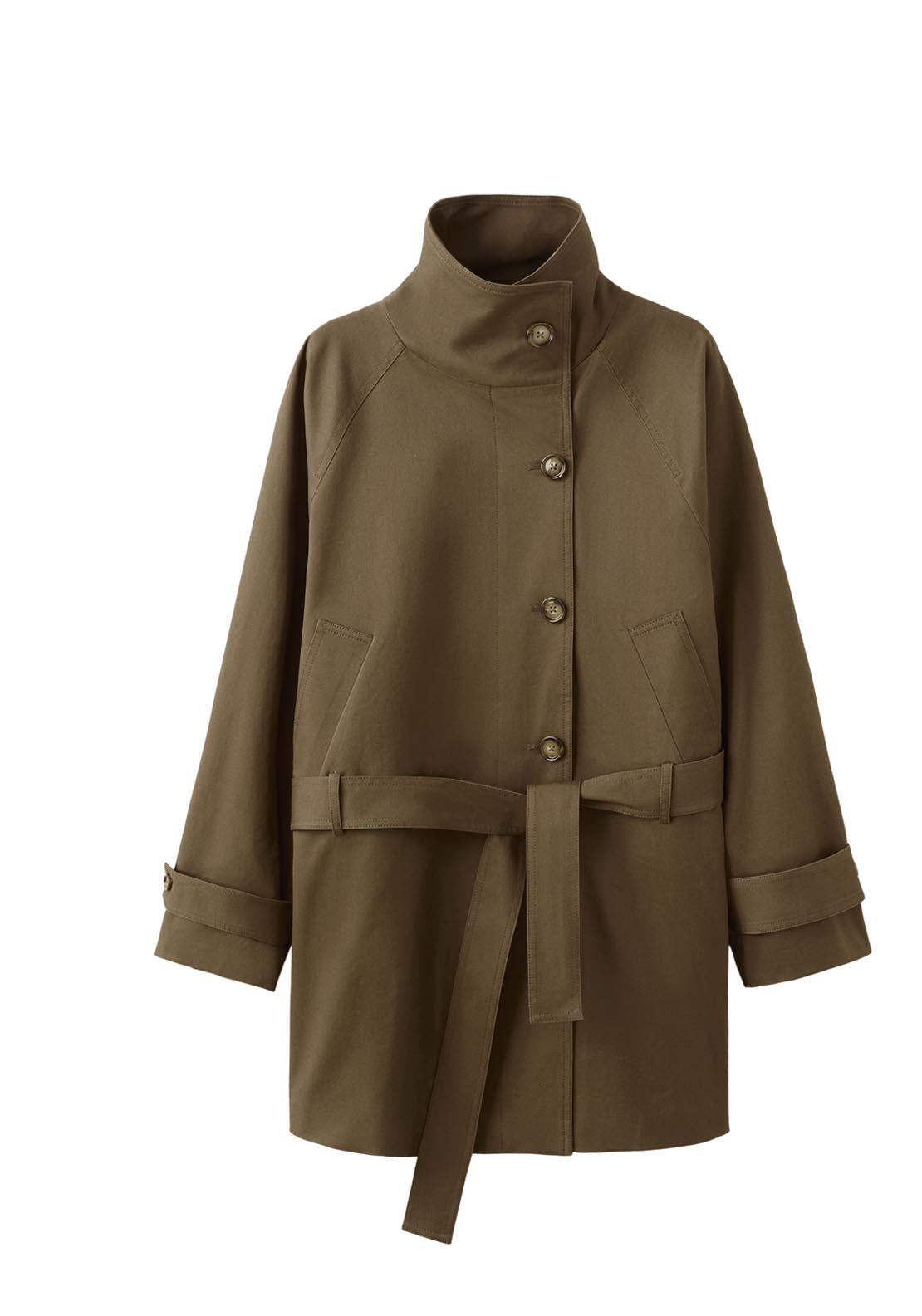 Funnel Neck Belted Trench Coat - Brown