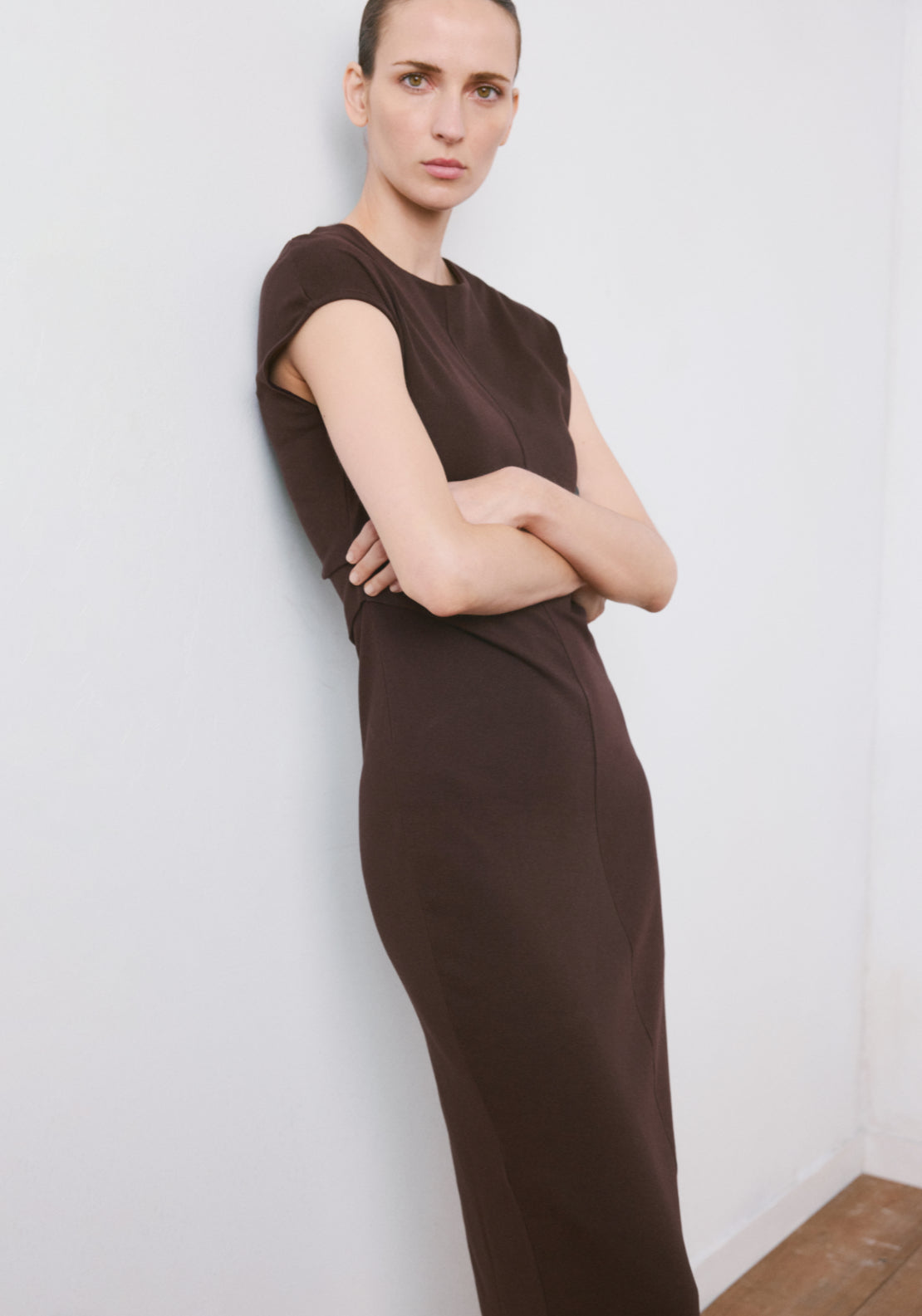 Midi Dress With Draped Detail - Brown