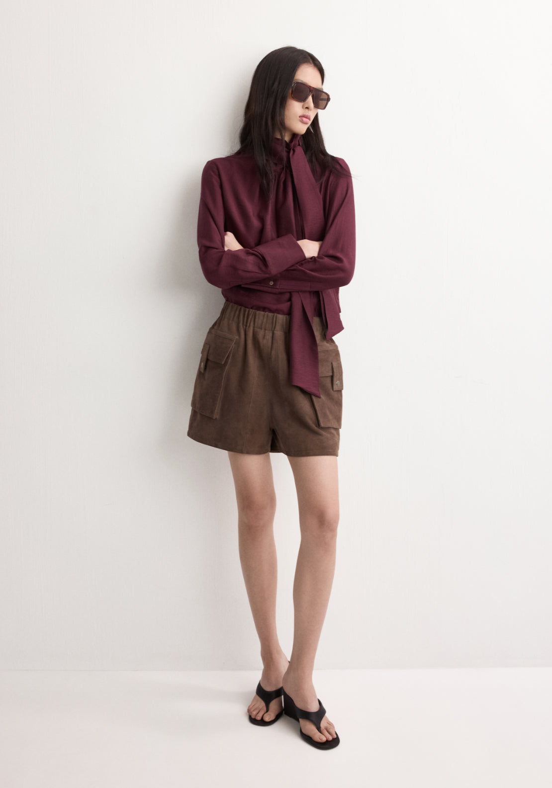 Long Sleeved Blouse With A Scarf Neckline - Burgundy