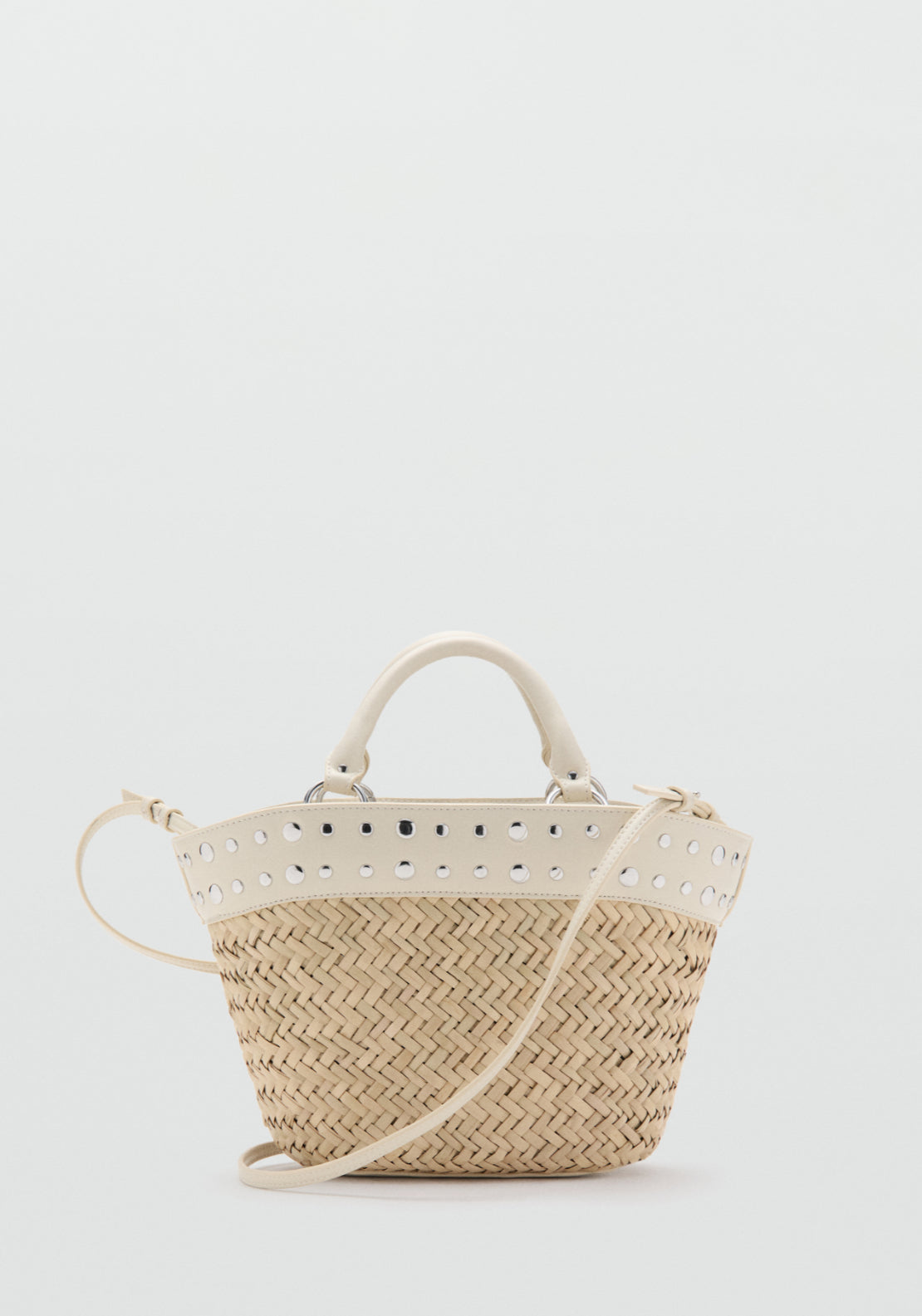 Raffia Handbag With Studs - Cream