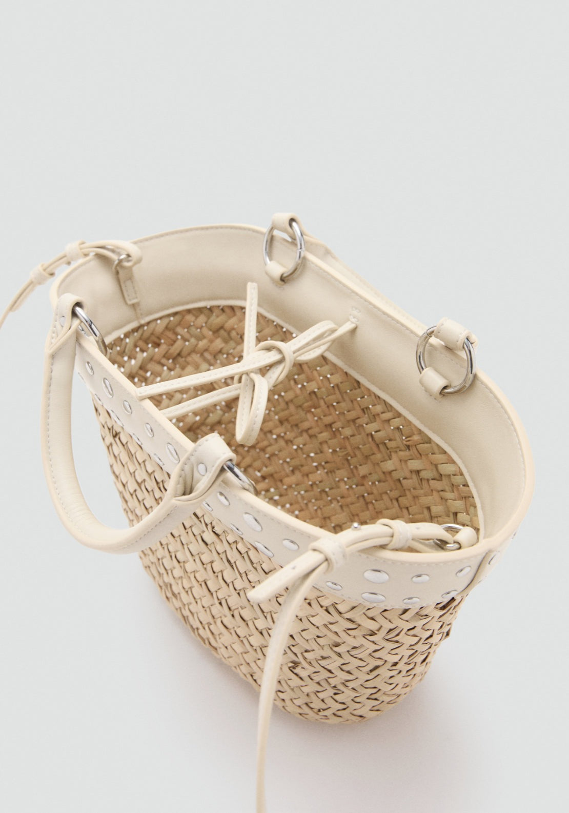Raffia Handbag With Studs - Cream