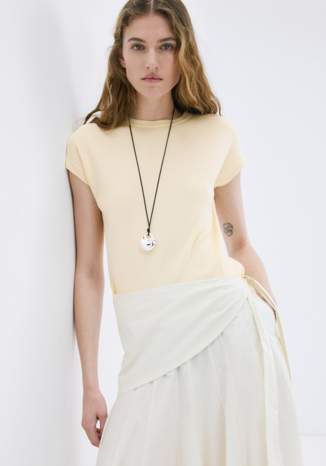 Short Sleeved Knitted Cotton Sweater - Yellow
