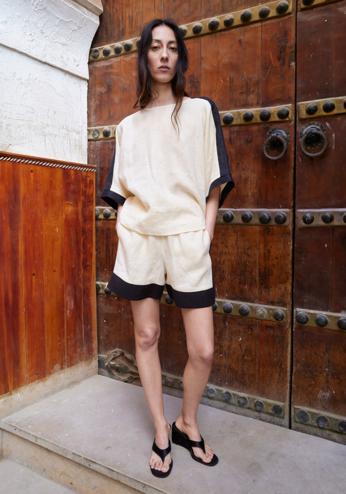 Mango Contrast Stripe Linen Shorts - Cream 1 Shaws Department Stores