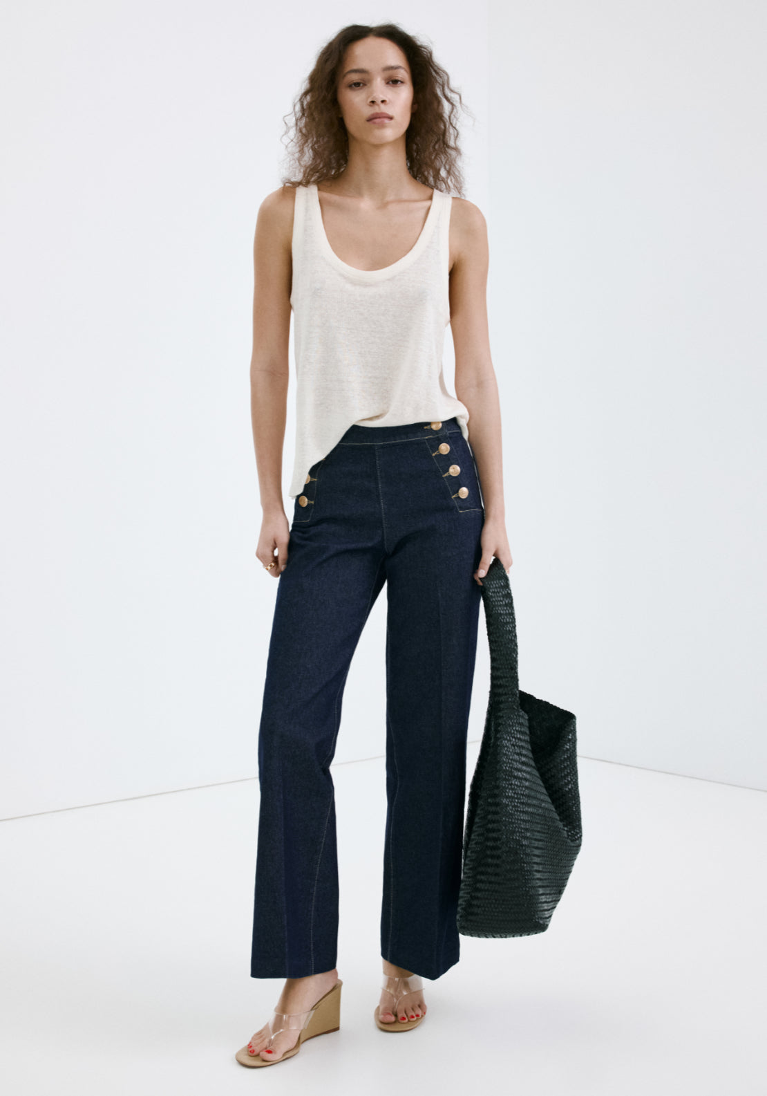 Wide Leg Jeans With Side Buttons - Denim Blue