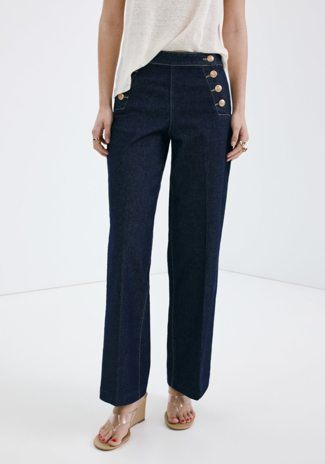 Wide Leg Jeans With Side Buttons - Denim Blue
