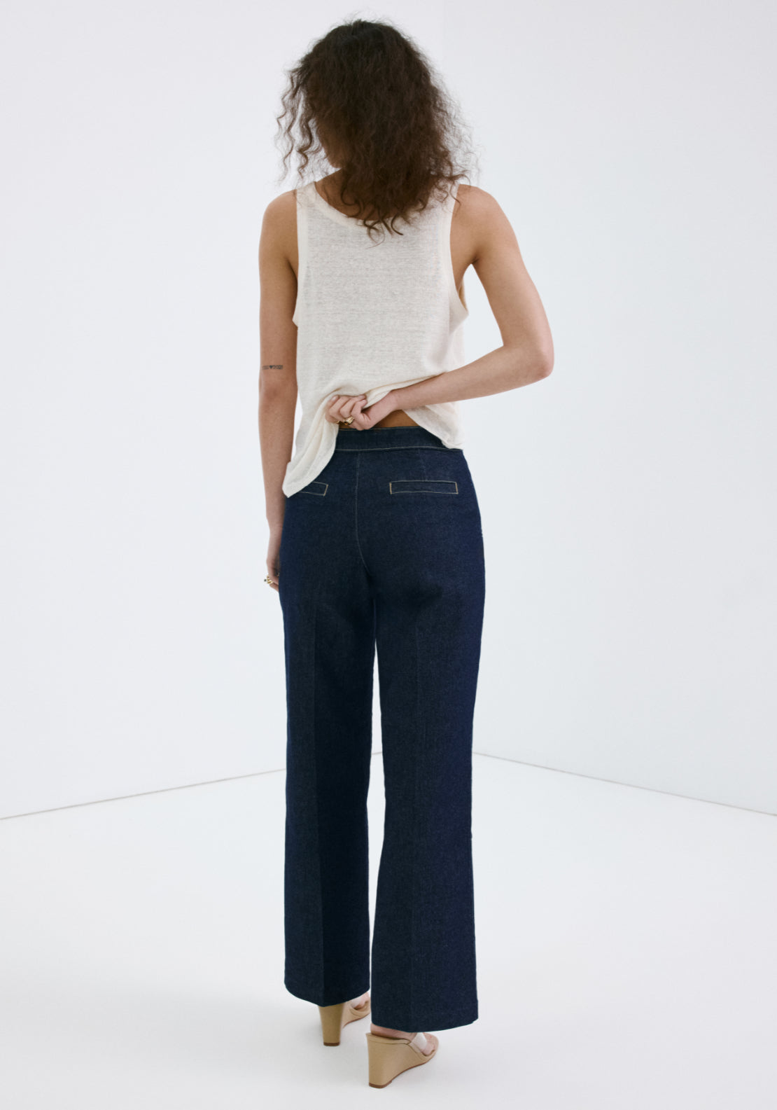 Wide Leg Jeans With Side Buttons - Denim Blue