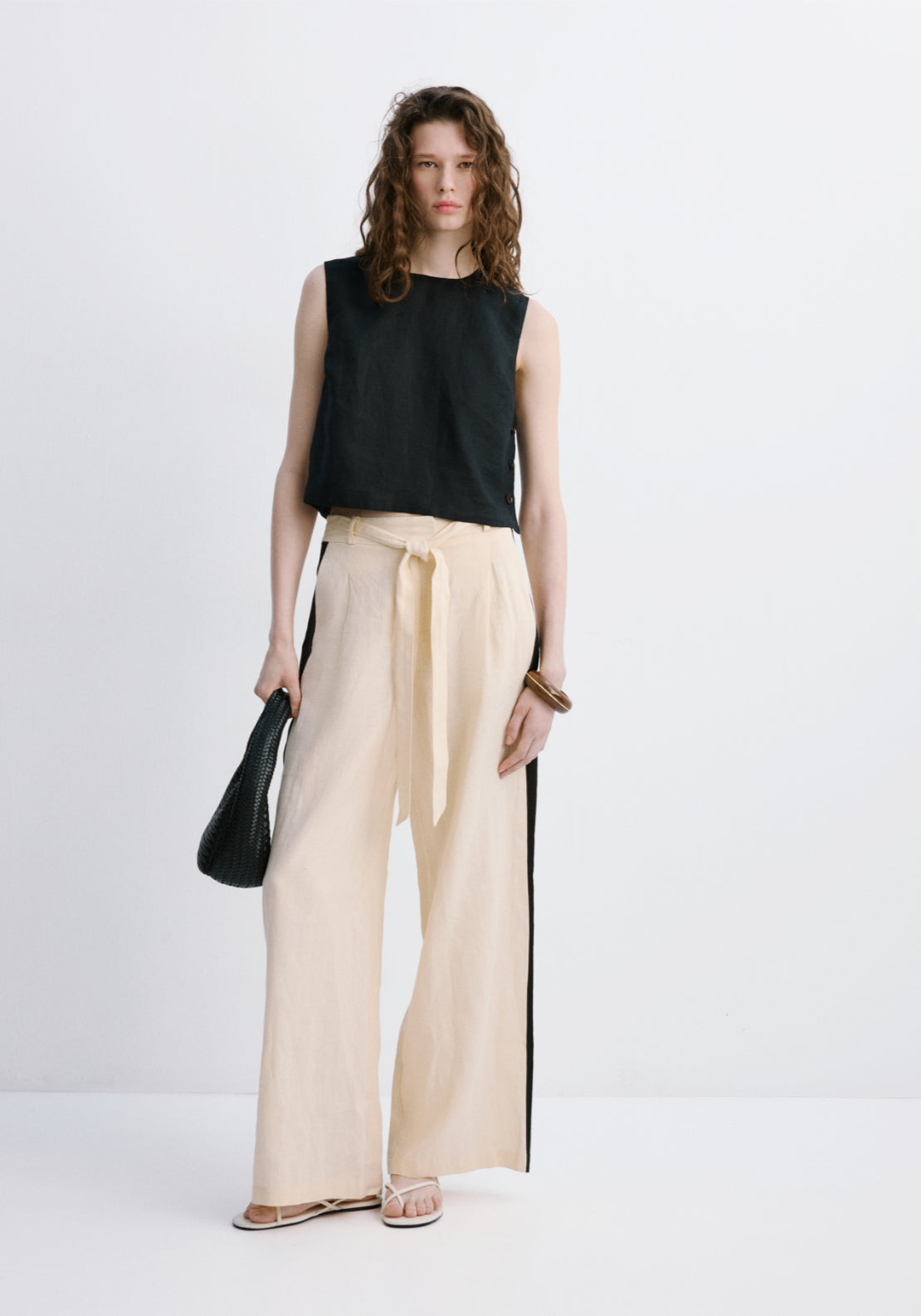 Contrast Stripe Linen Trousers - Cream