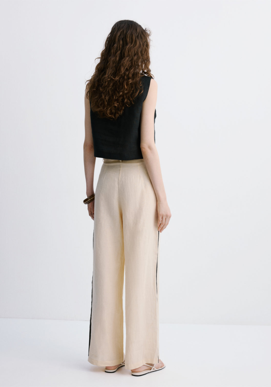 Contrast Stripe Linen Trousers - Cream