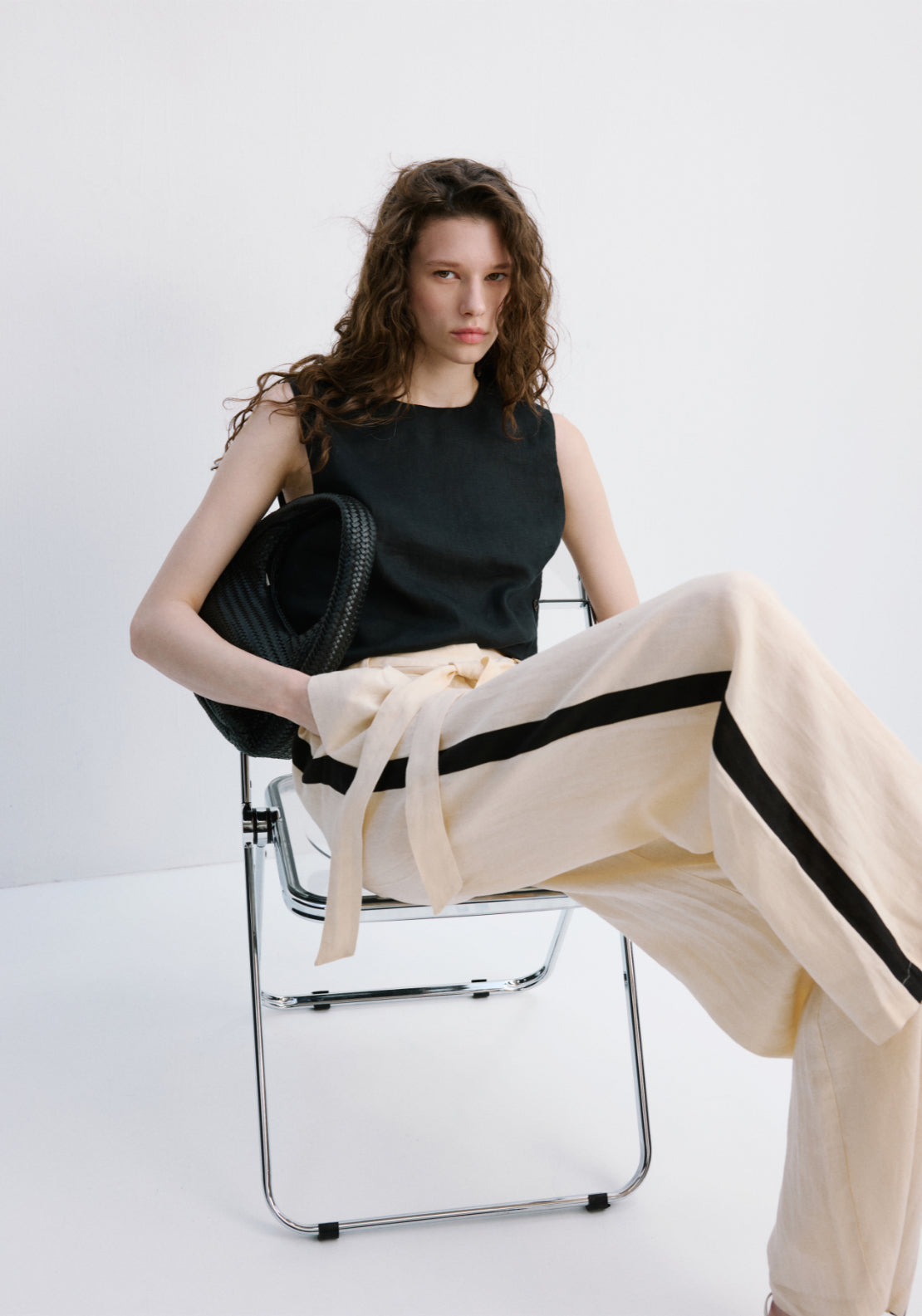 Contrast Stripe Linen Trousers - Cream