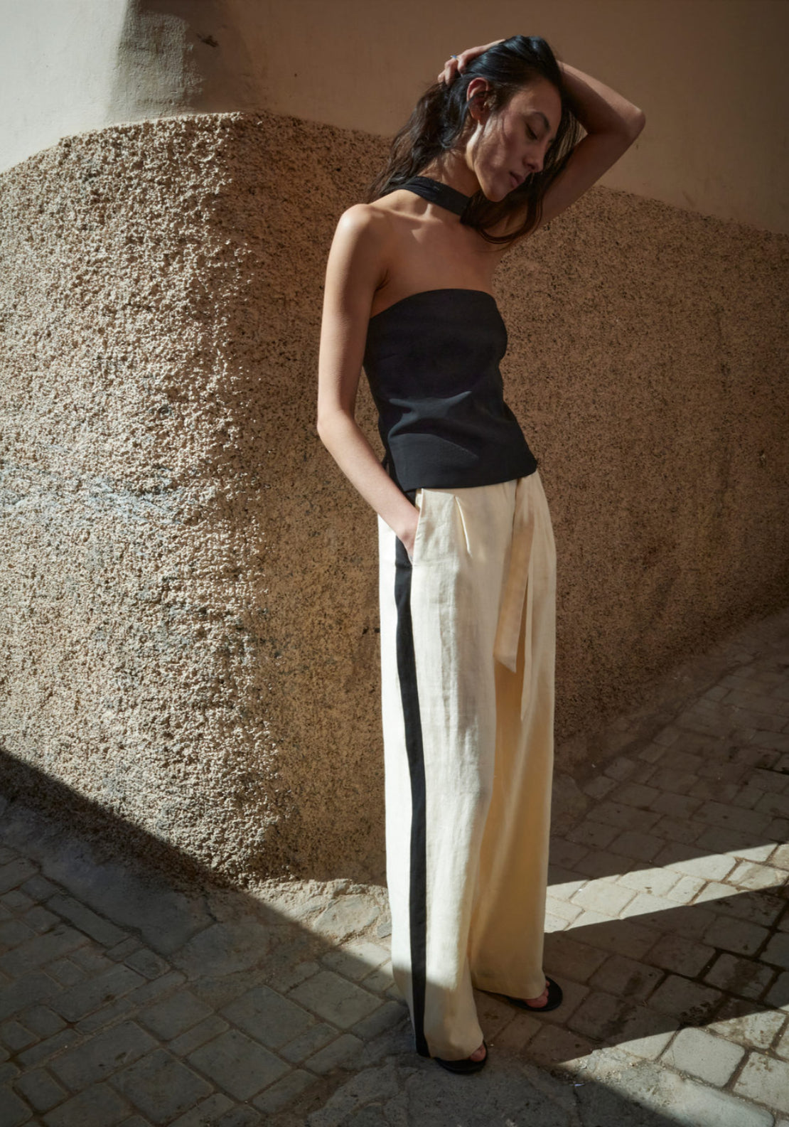 Contrast Stripe Linen Trousers - Cream