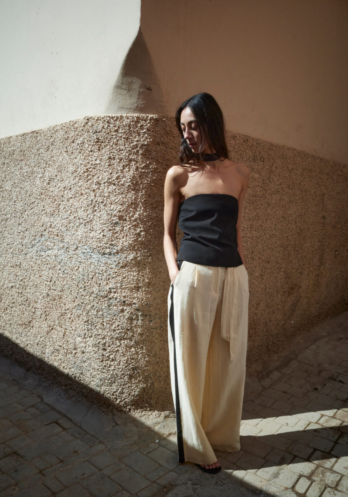 Contrast Stripe Linen Trousers - Cream