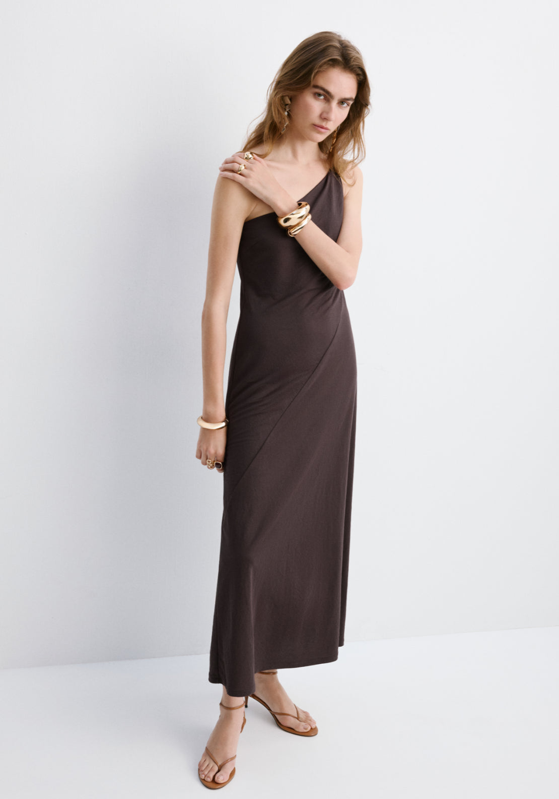 Asymmetrical Dress With Gathered Strap - Brown