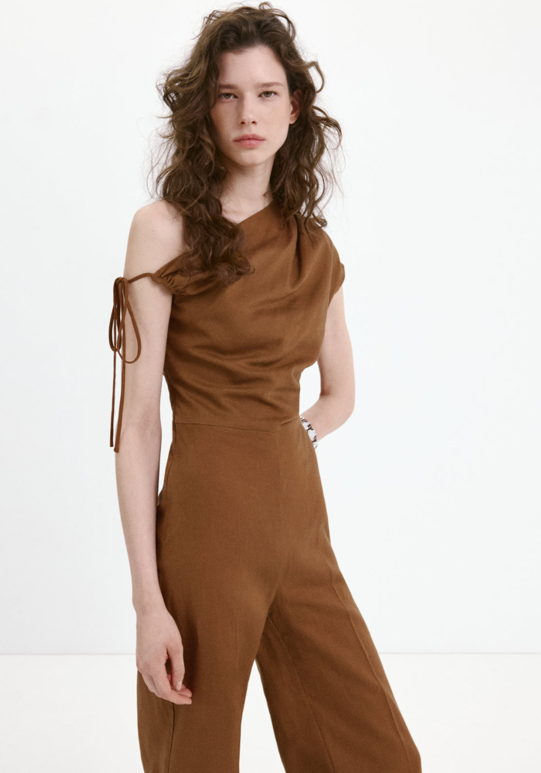 Asymmetric Linen Lyocell Jumpsuit - Brown