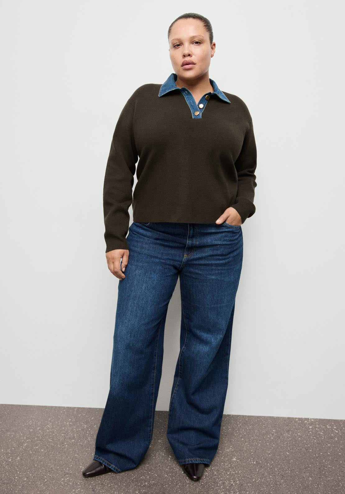 Combined Shirt Collar Sweater - Brown