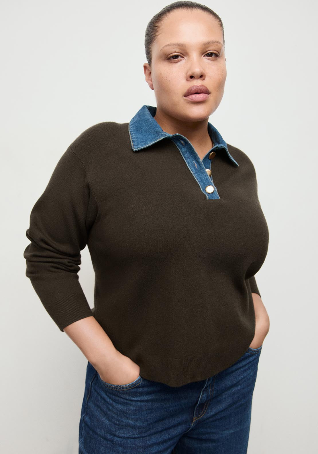 Combined Shirt Collar Sweater - Brown