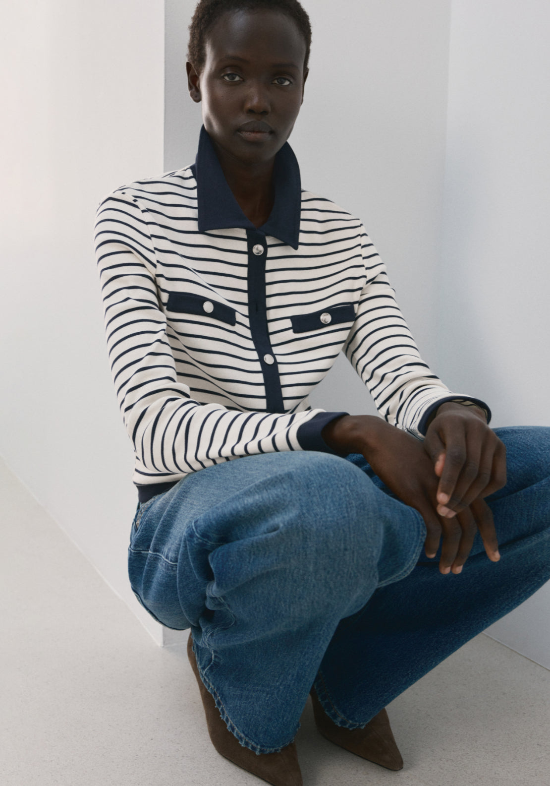 Striped Cardigan With Jewel Buttons - Blue