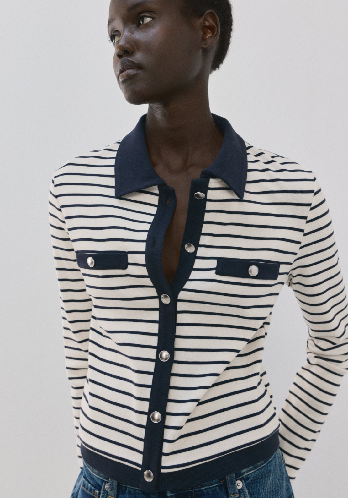 Striped Cardigan With Jewel Buttons - Blue