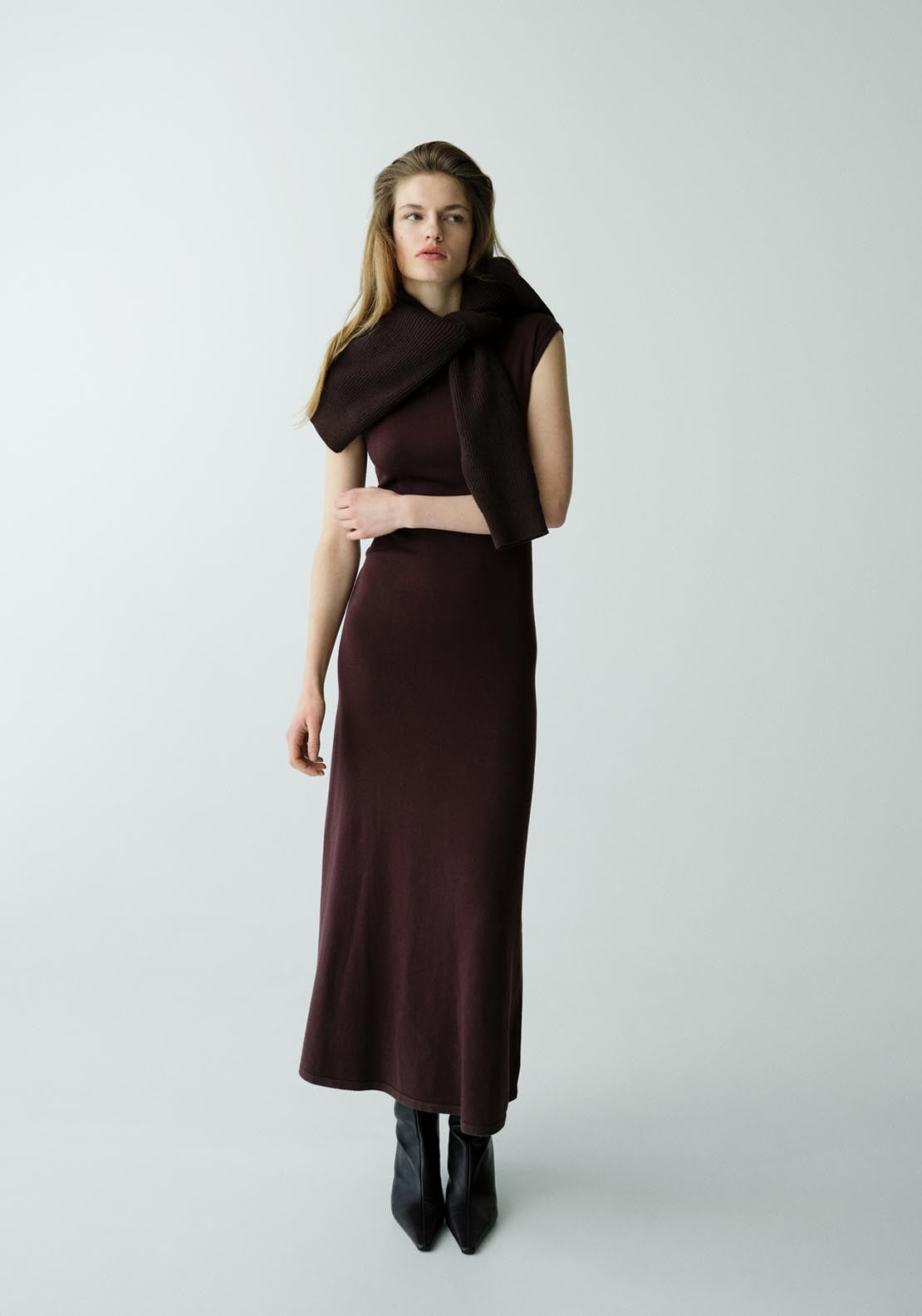 Perkins Neck Knitted Dress - Chocolate Brown