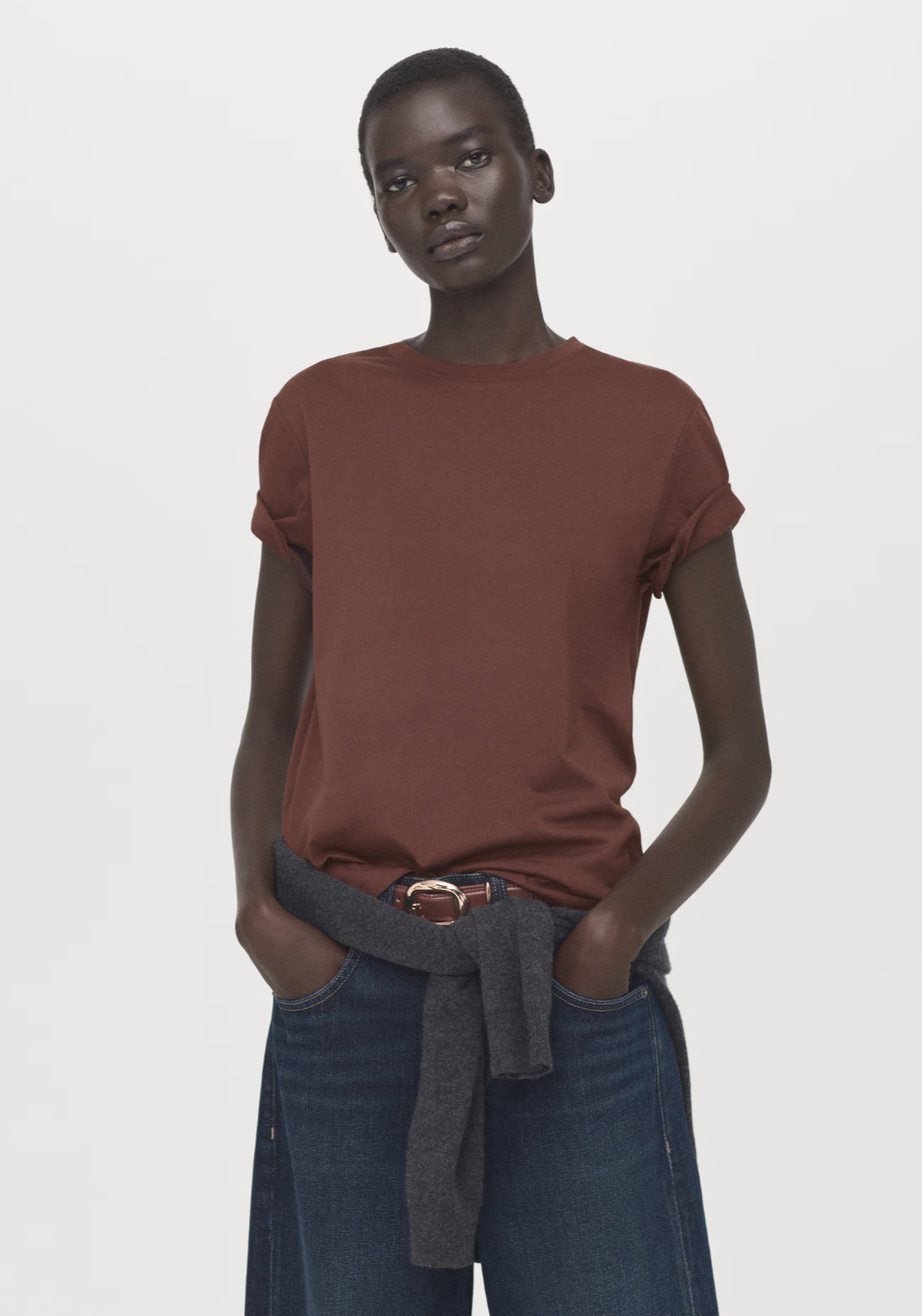 Mango Short Sleeve Cotton T-Shirt - Brown 1 Shaws Department Stores
