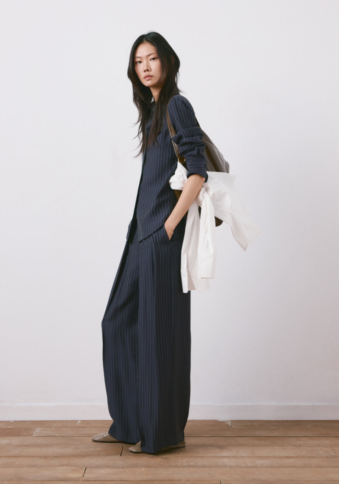 Pinstripe Wide Leg Trousers - Blue