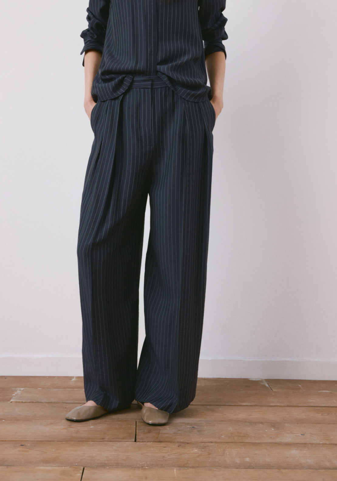 Pinstripe Wide Leg Trousers - Blue