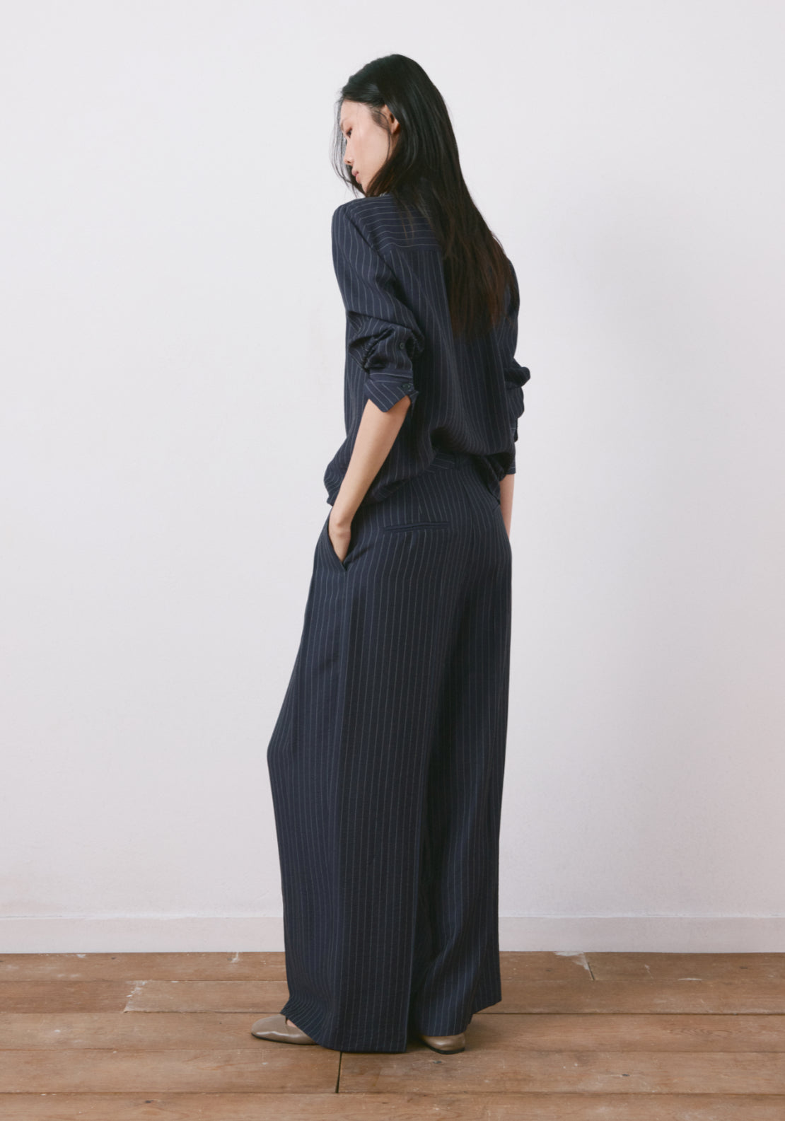 Pinstripe Wide Leg Trousers - Blue