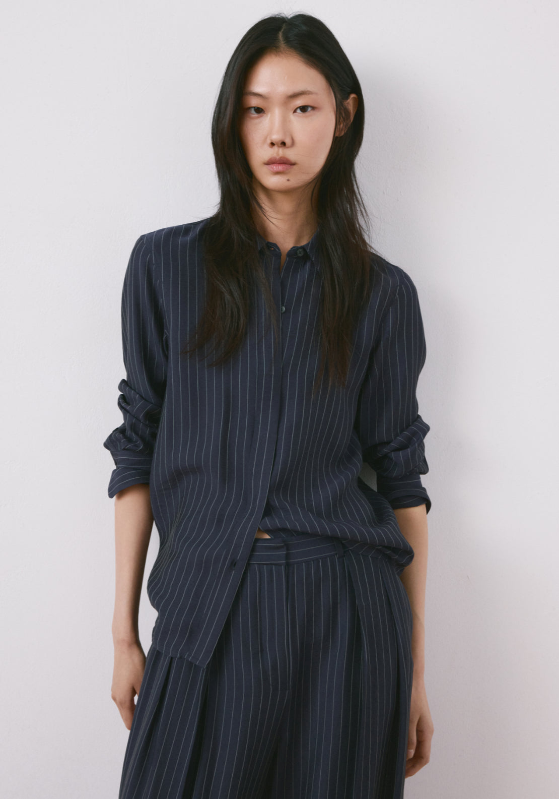 Pinstripe Wide Leg Trousers - Blue
