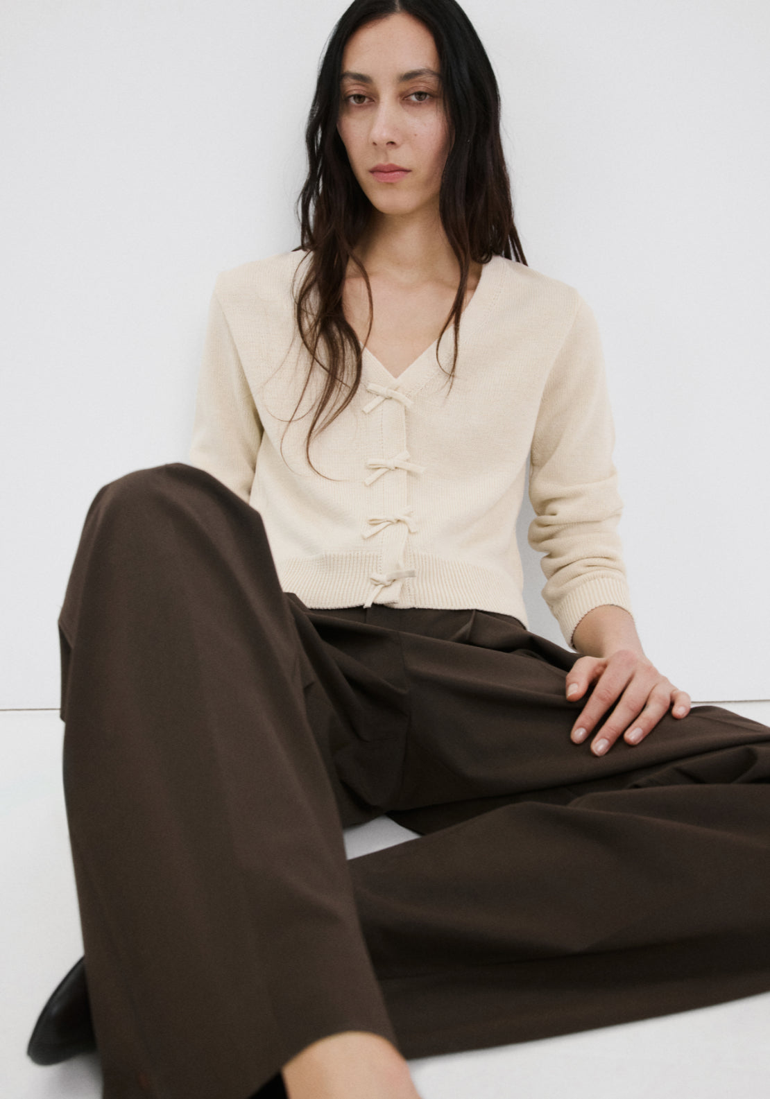 Knitted Cardigan With Ties - Cream