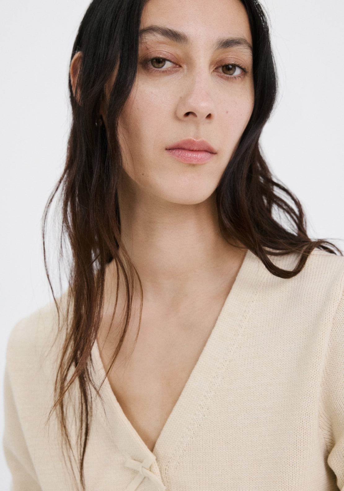 Knitted Cardigan With Ties - Cream