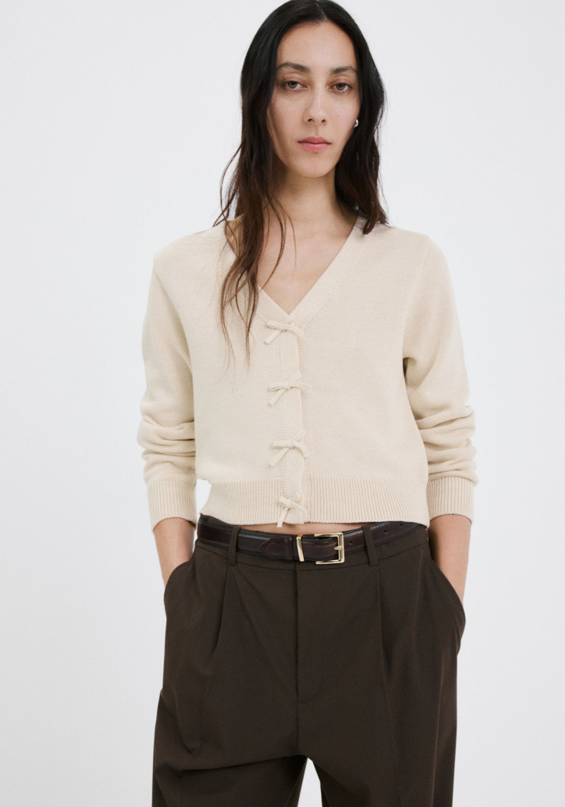 Knitted Cardigan With Ties - Cream
