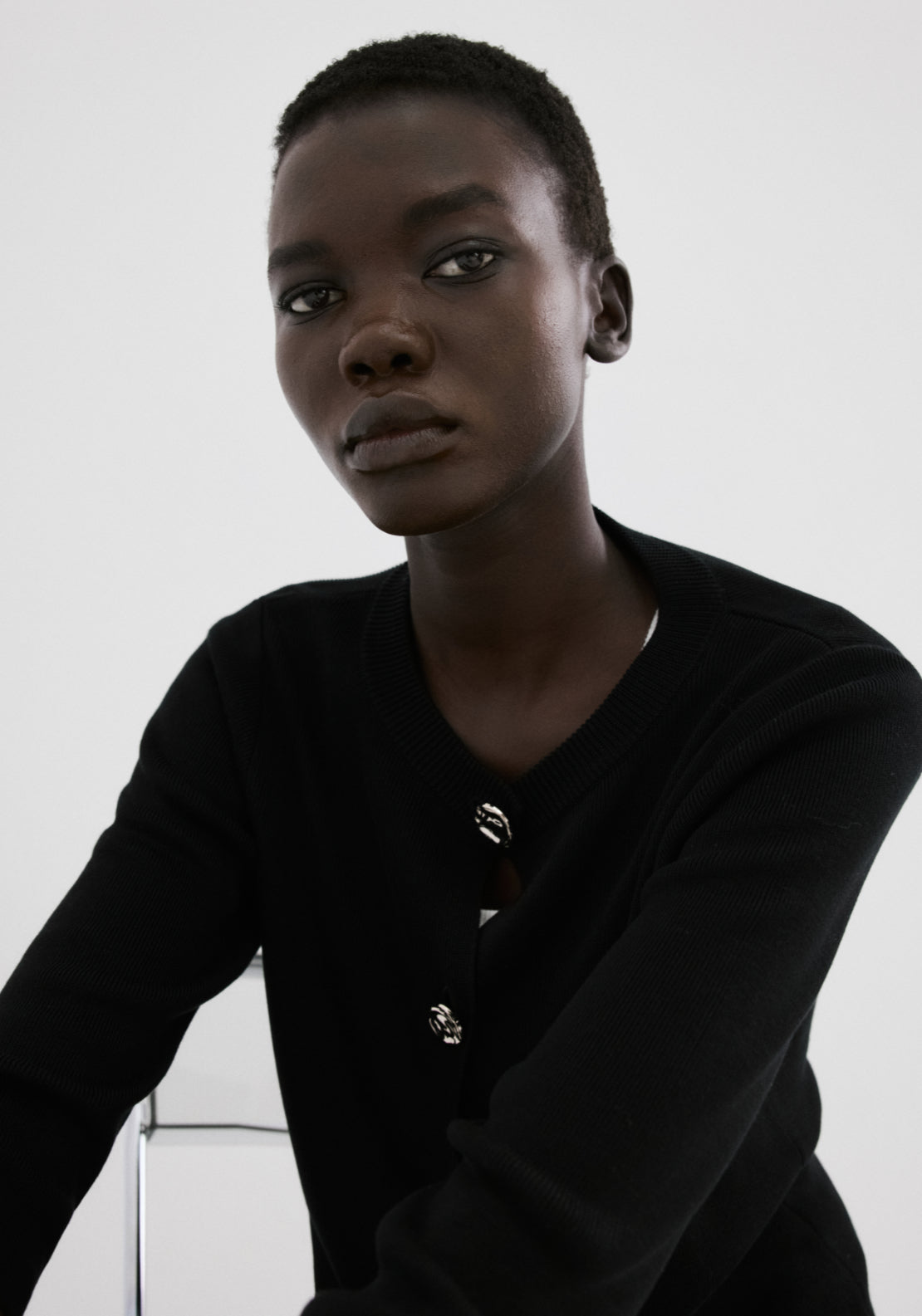 Knitted Cardigan Jewelelled Button - Black