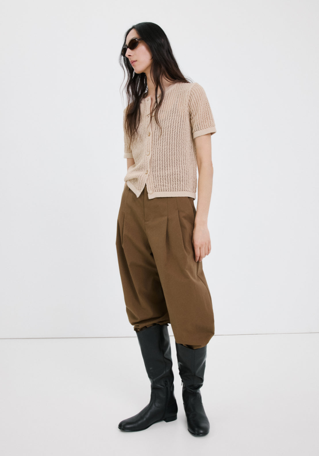 Short Sleeved Openwork Knitted Cardigan - Brown