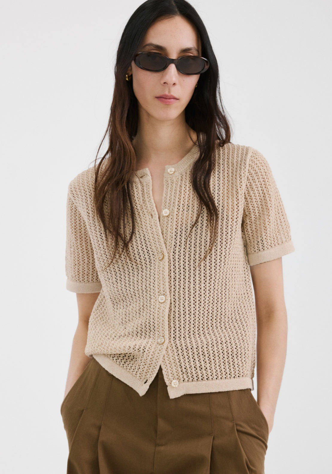 Short Sleeved Openwork Knitted Cardigan - Brown