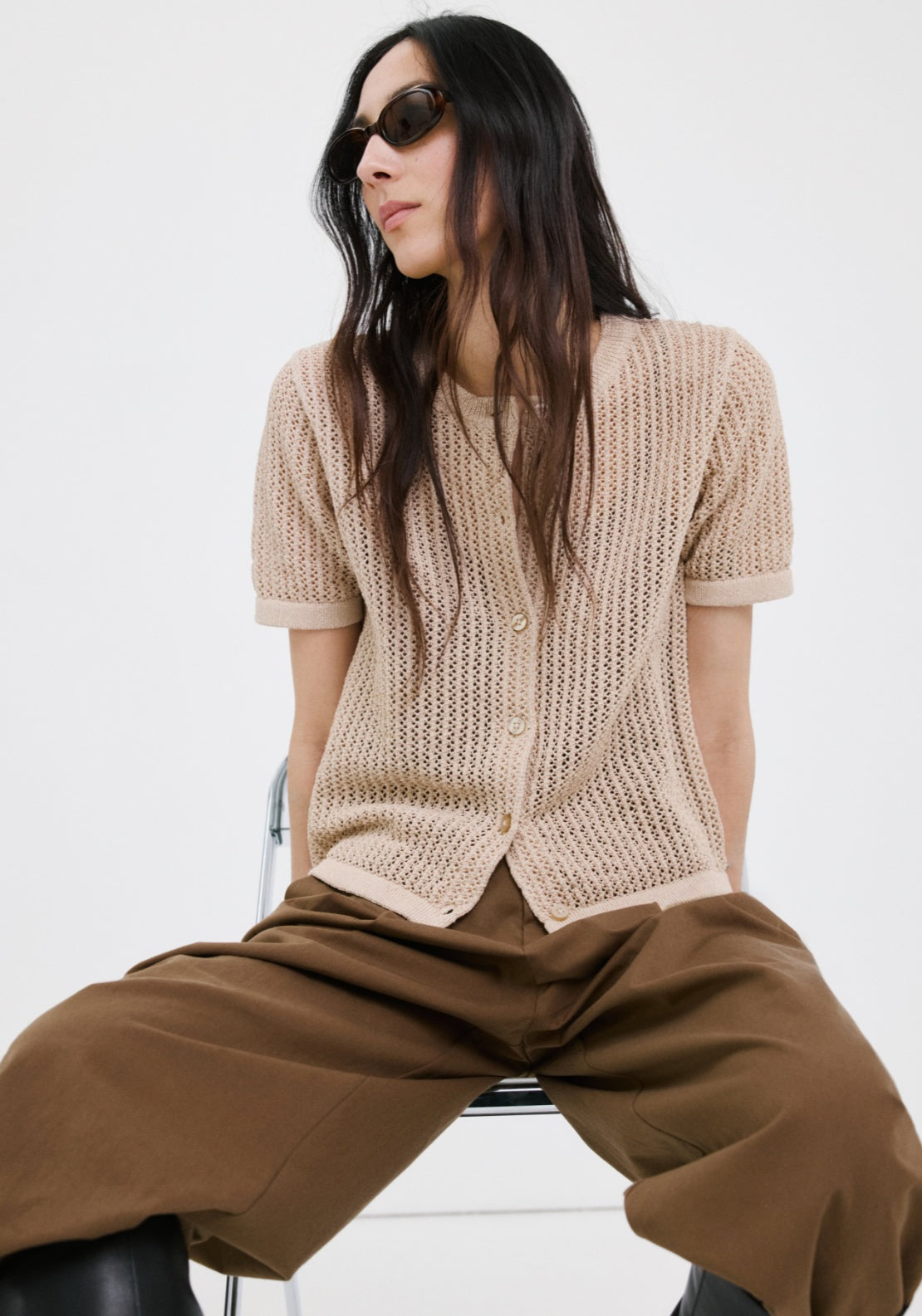 Short Sleeved Openwork Knitted Cardigan - Brown