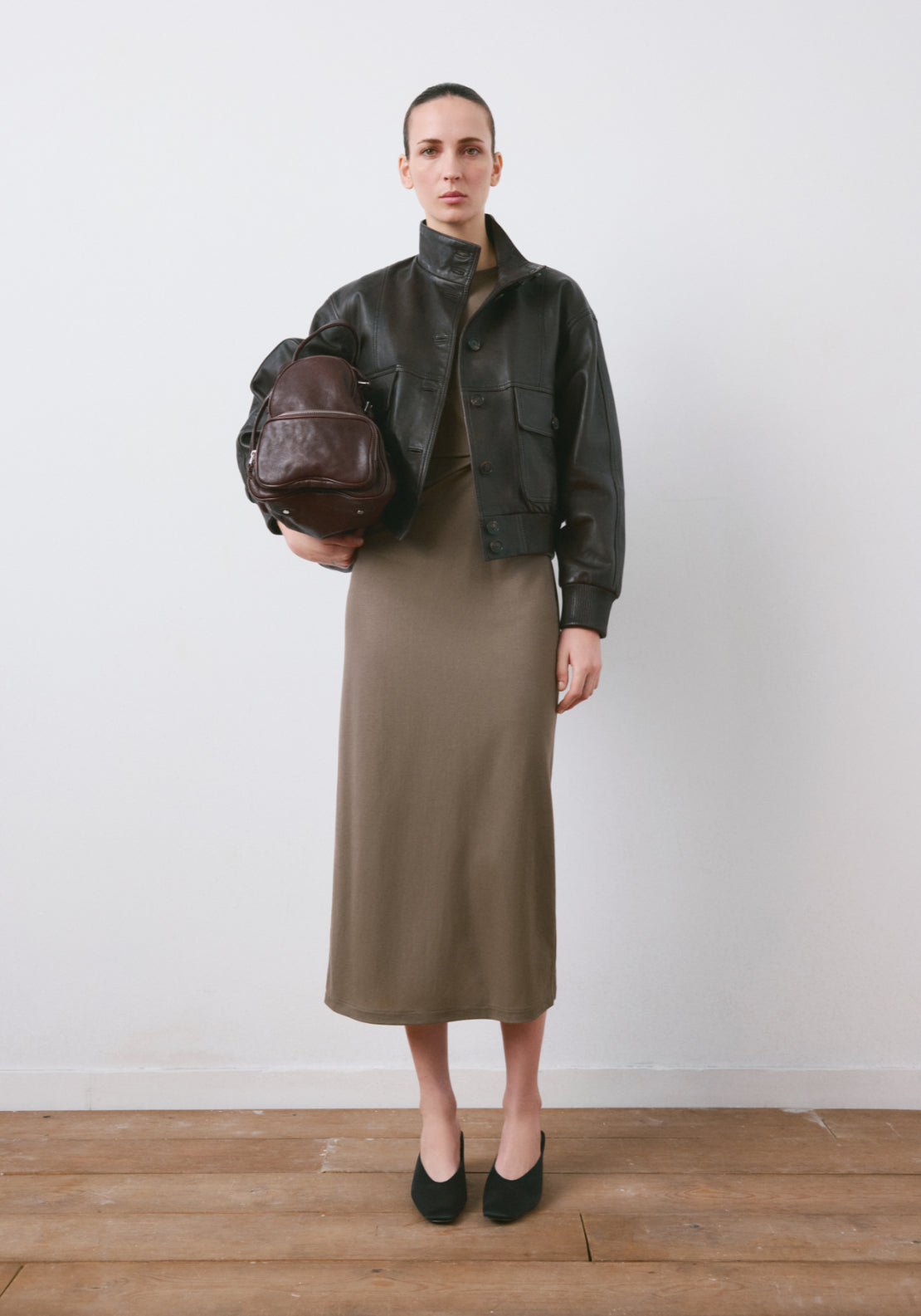 Side Gathered Details Dress - Brown