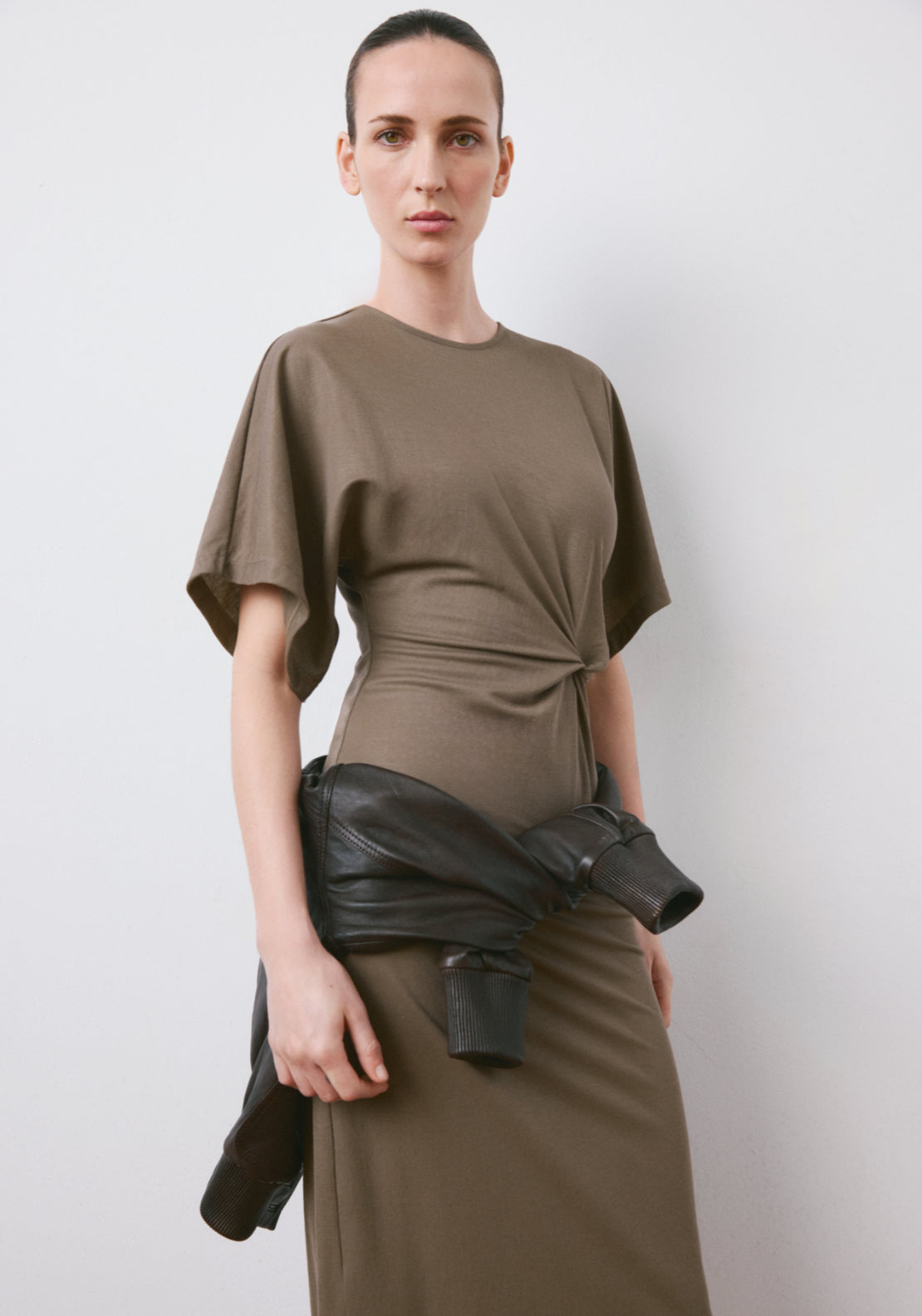 Side Gathered Details Dress - Brown