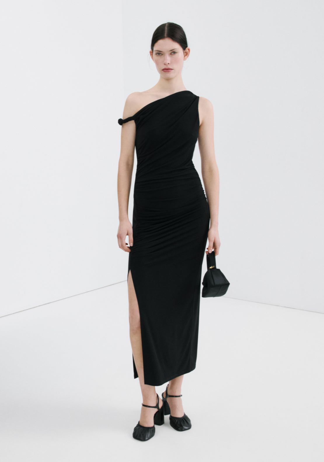 Asymmetrical Dress With Side Slit - Black