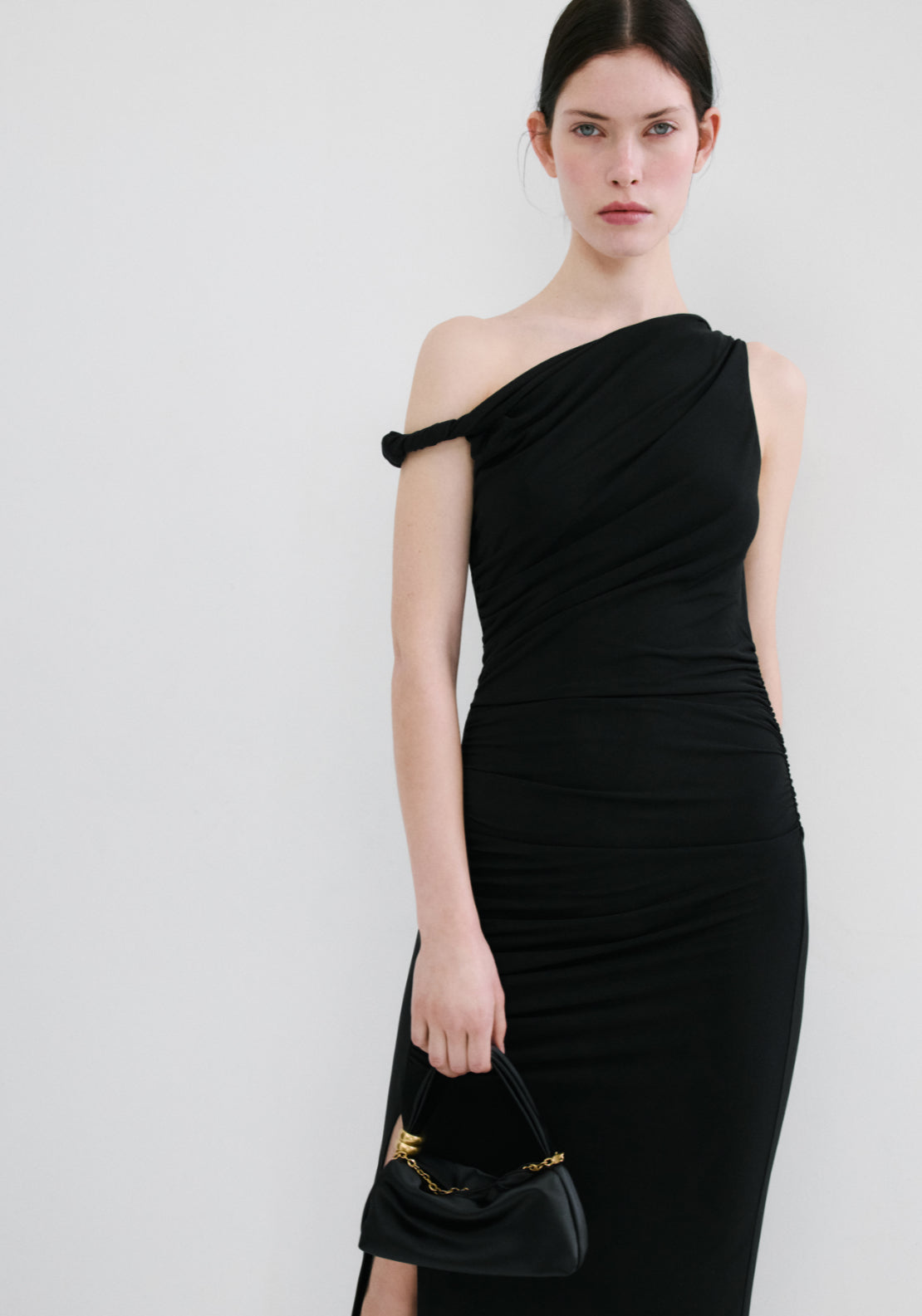 Asymmetrical Dress With Side Slit - Black